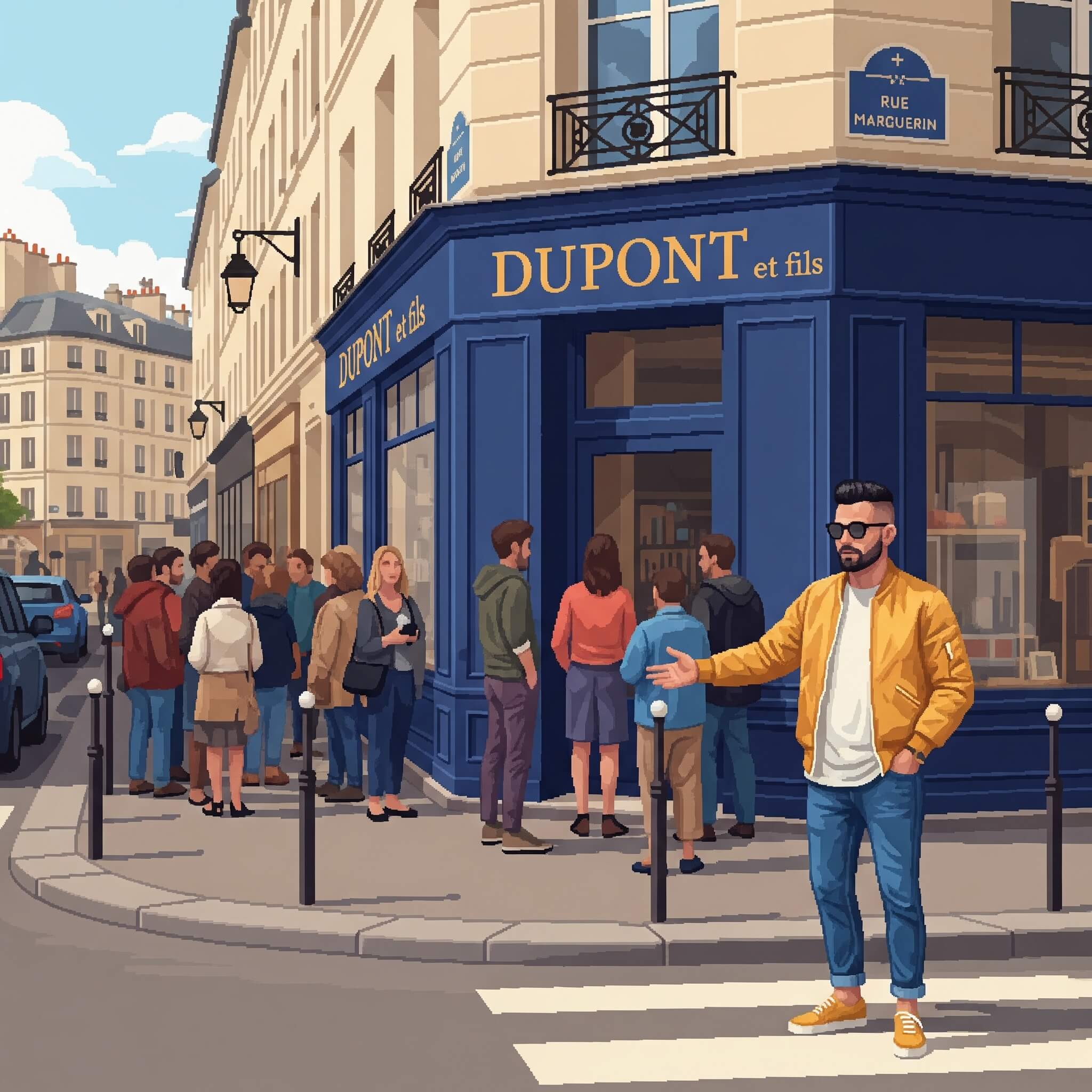 Tropeaks man active le web to store avec foule devant un magasin en pixel art