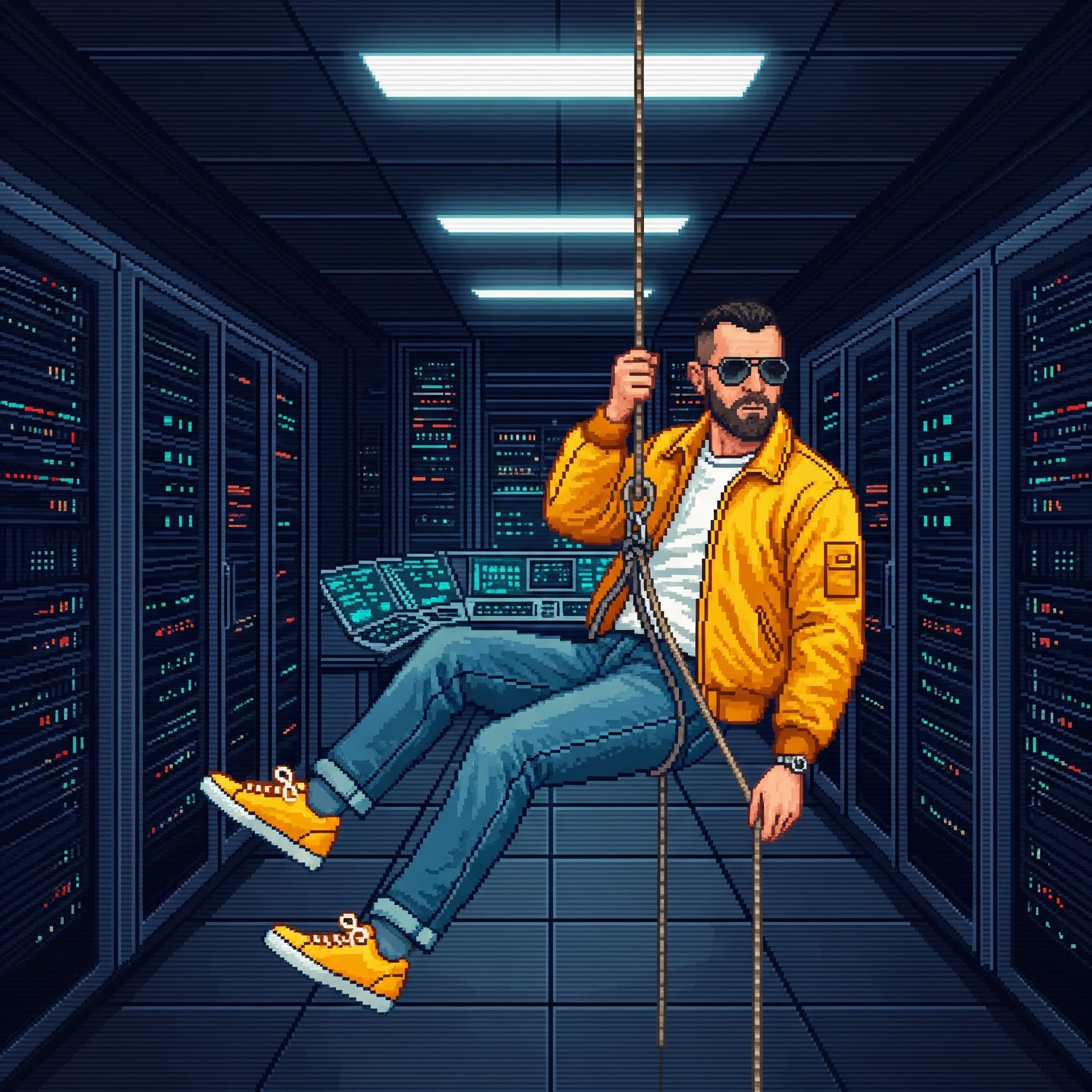 Tropeaks man s'incrustant dans un bureau avec une corde suspendue au plafond