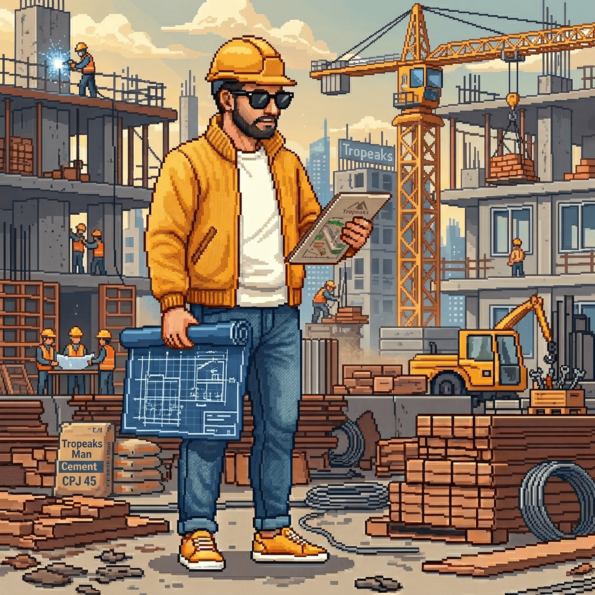 Tropeaks man en chantier de construction refonte de site en pixel art